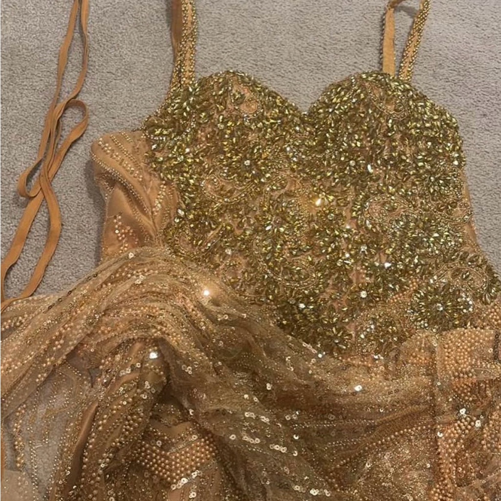 Embellished Gold Mini Dress With Beaded Bodice